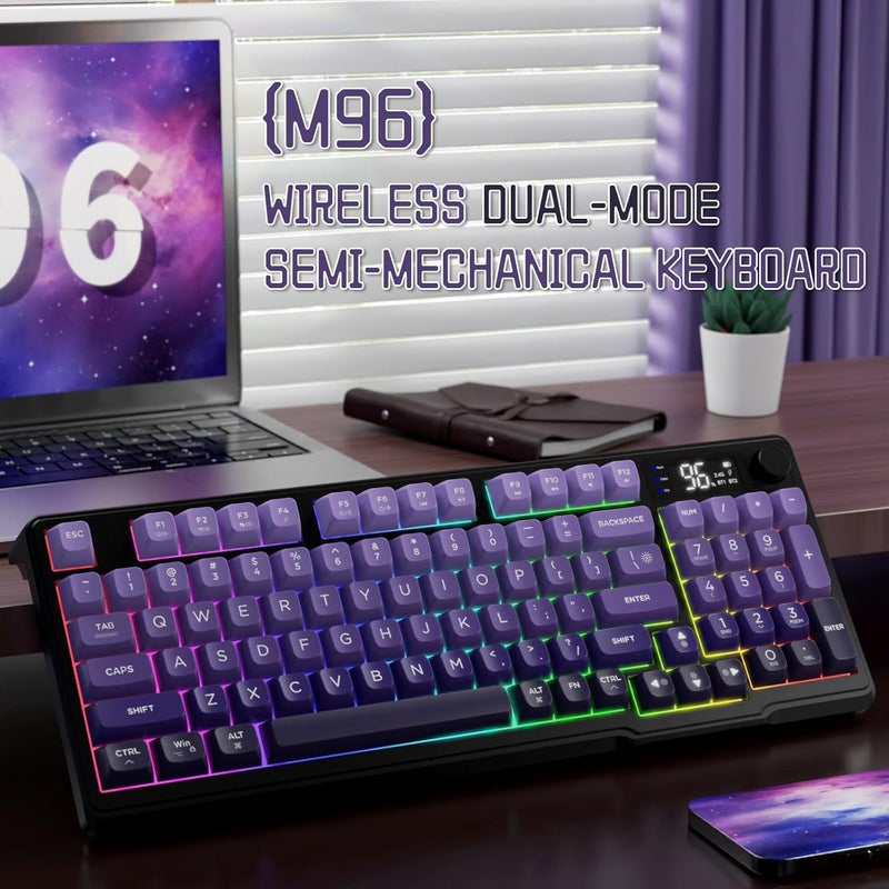 LexonElec M96 Wireless Keyboard, Low Profile Quiet Typing Membrane Gaming Keyboard with Smart Display & Knob, RGB Backlit, USB C Rechargeable, 94 Keys PBT Keycap for Windows PC,Mac,Linux-Grape Purple - Image 2